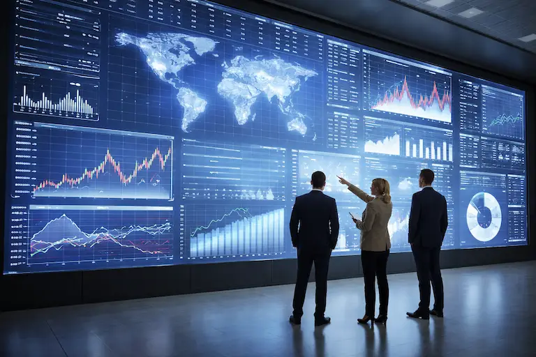 Tre personer i dress foran en stor veggskjerm med grafer, kart og finansielle diagrammer.