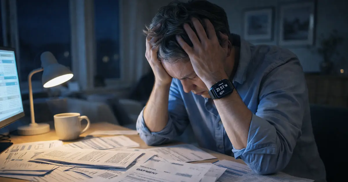 Stresset person ved kontorpult om natten med bankdokumenter og smartklokke