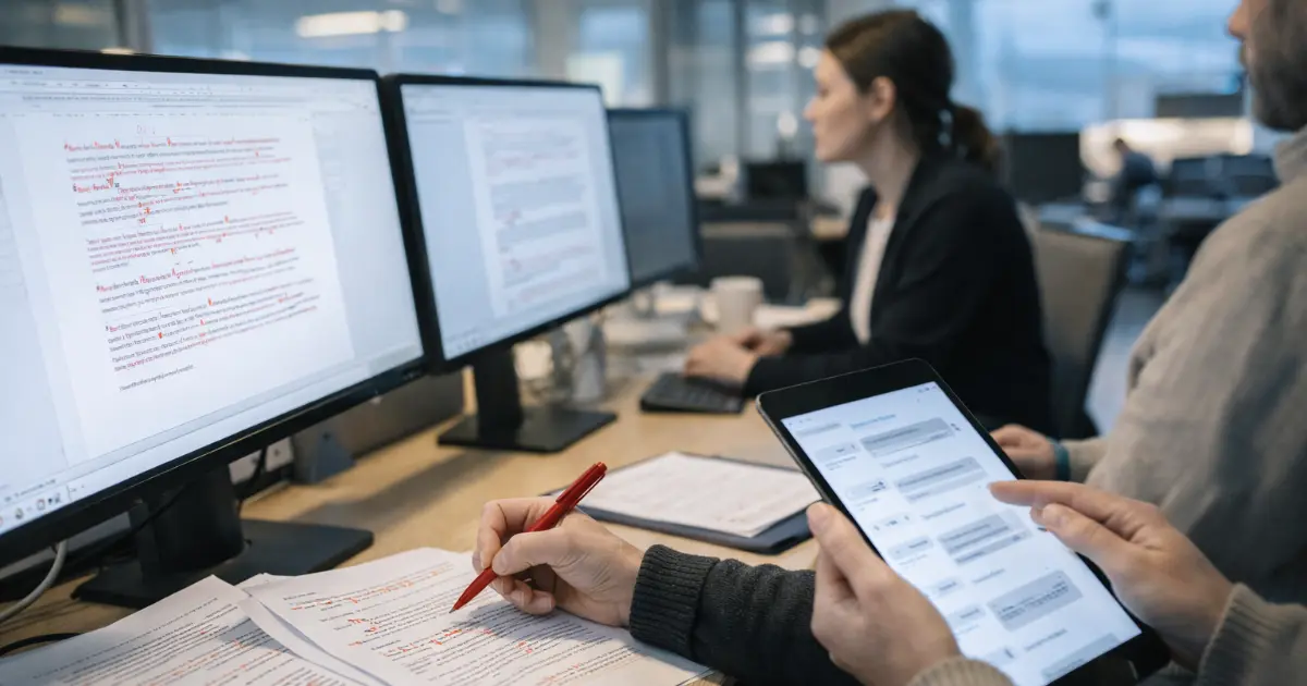 Ansatte i kommunalt kontor gjennomgår tekstutskrifter og digitale meldingsutdrag ved arbeidsstasjoner.