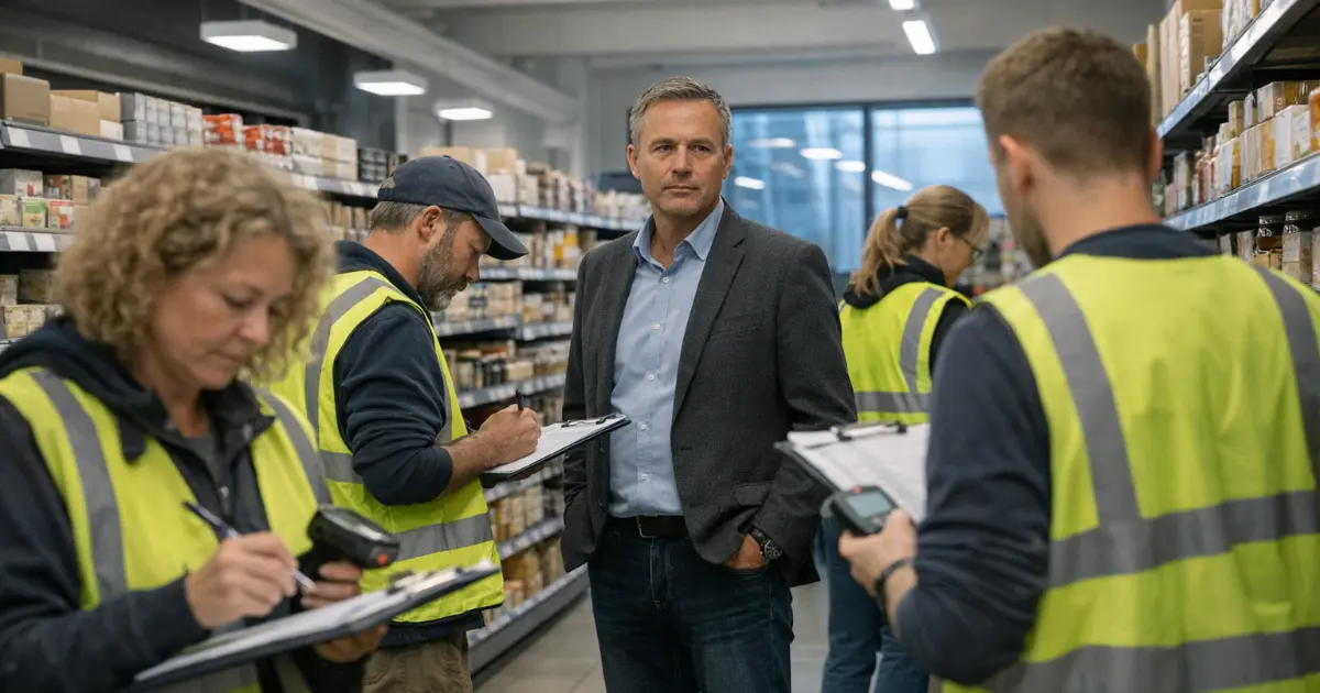 Medeiere i refleksvester teller varer i norsk dagligvarebutikk mens en leder følger med i midtgangen.