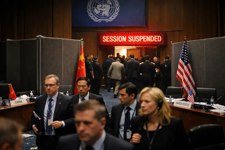 Diplomater og delegater forlater en konferansesal mens sikkerhetspersonell står ved inngangen.