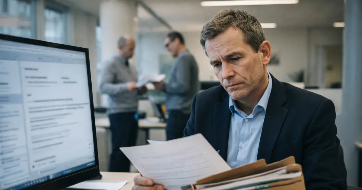 Saksbehandler i norsk direktorat ved skrivebord med klagedokumenter i moderne kontormiljø