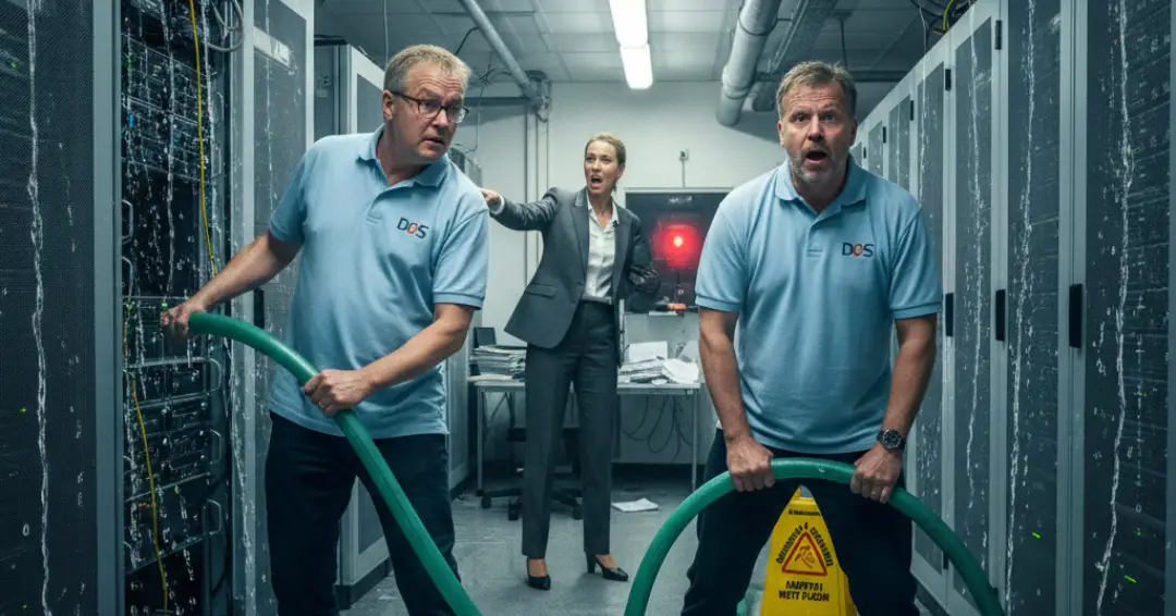 To menn i lyseblå poloskjorter holder en tykk grønn slange i et rom fylt med servere, mens en kvinne i dress gestikulerer i bakgrunnen under flimrende lysrør.