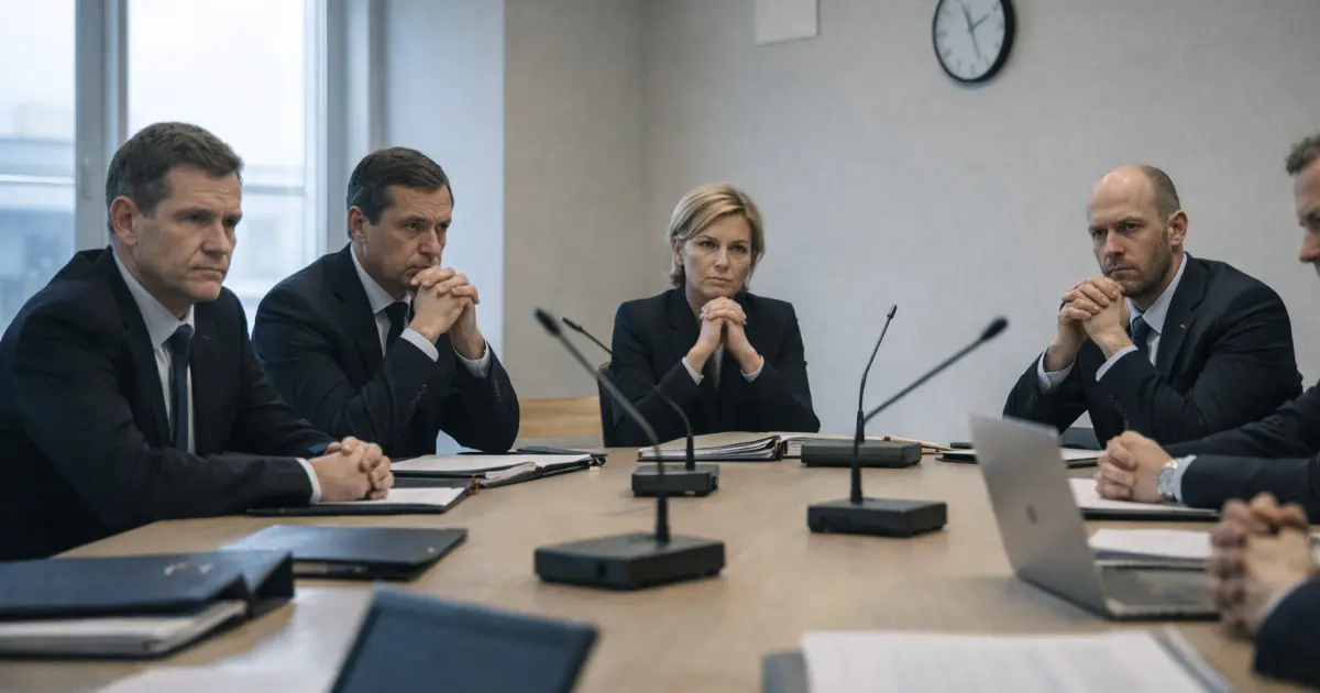 Diplomater sitter stille rundt møtebord i europeisk konferanserom under formell pause