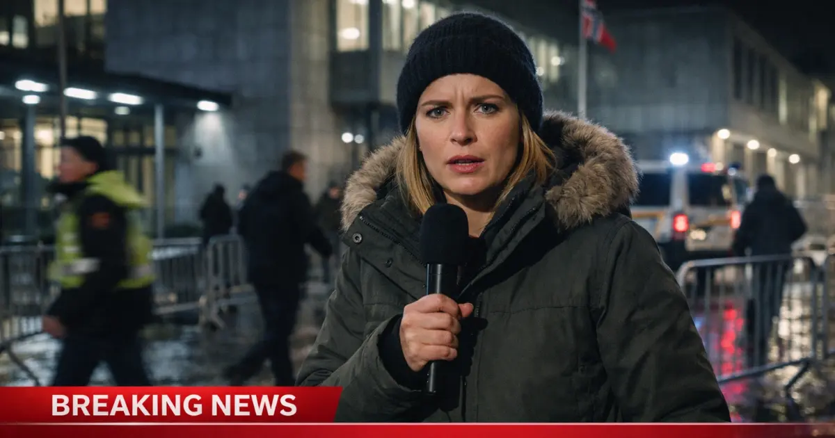 Reporter med mikrofon utenfor regjeringsbygg i vinterkveld mens folk beveger seg raskt i bakgrunnen.