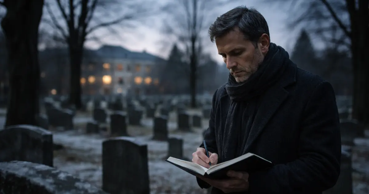 Ukjent forfatter med notatbok ved gravsteiner i norsk kirkegård i skumring