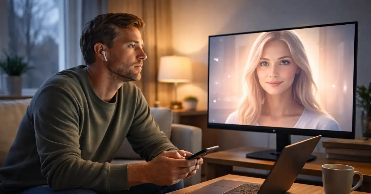 Mann med ørepropper sitter alene foran dataskjerm i moderne stue med brudgomsboks på bordet