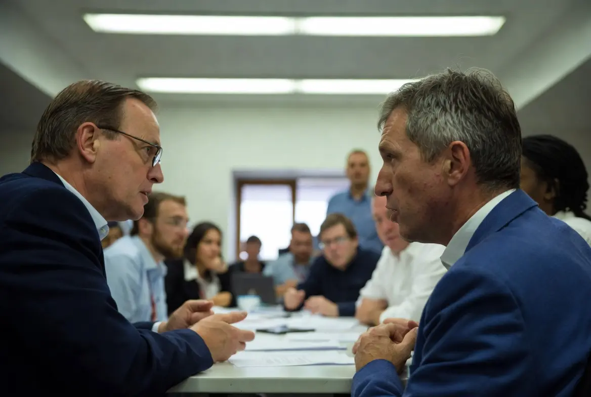 To menn i dress sitter tett ansikt til ansikt ved et møtebord og snakker intenst til hverandre, mens flere kolleger sitter rundt bordet i bakgrunnen i et kontorrom med lysstoffrør.