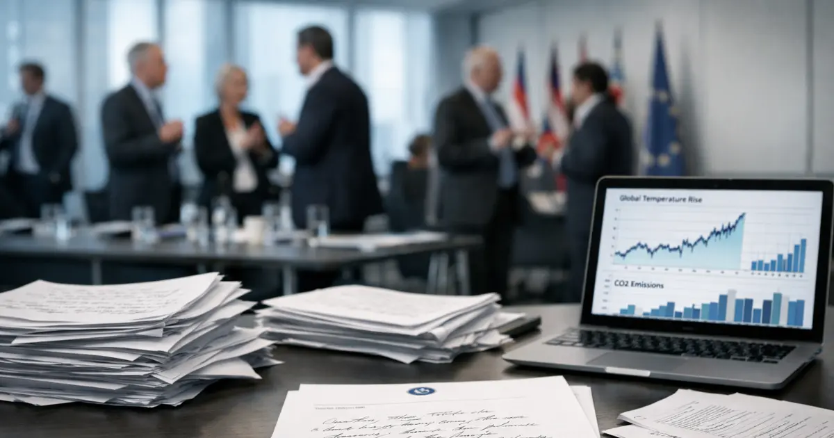 Håndskrevne dokumenter og PDF-filer på konferansebord under klimatoppmøte