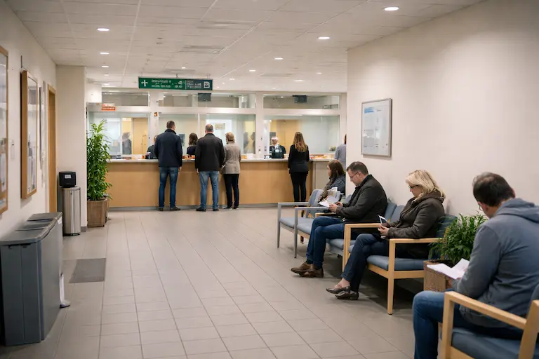 Kontorlandskap med skrivebord, stoler og en person som går mellom arbeidsplasser i innendørs belysning.