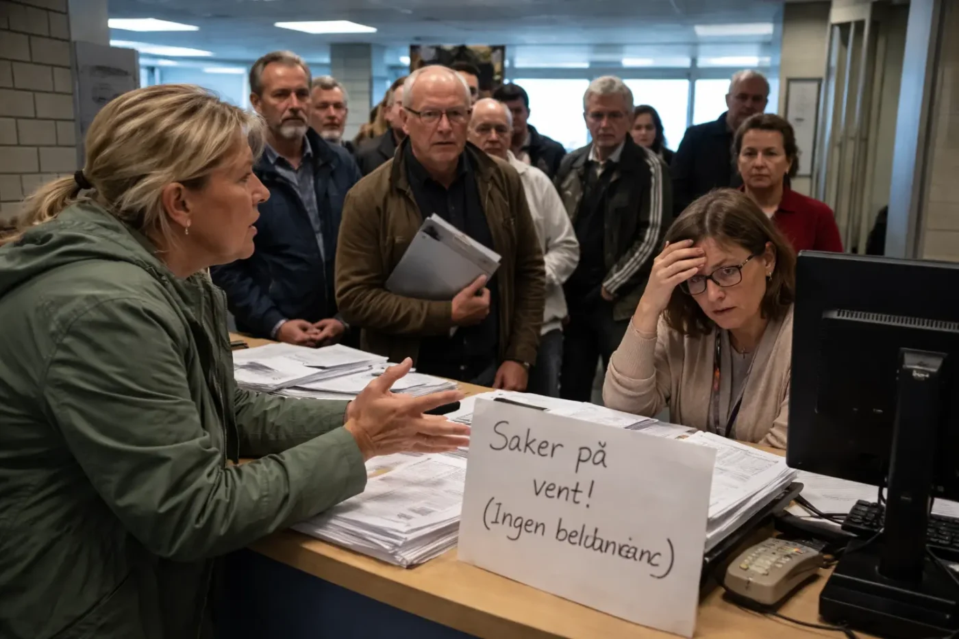 Innbygger snakker med saksbehandler ved kommunal skranke mens kø av mennesker venter bak.