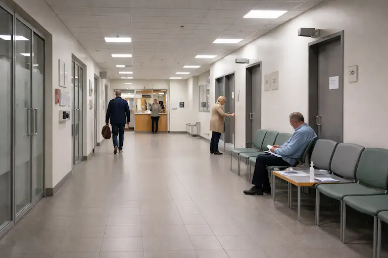 Korridor i offentlig bygg med tre personer, stoler langs veggen og resepsjon i bakgrunnen.