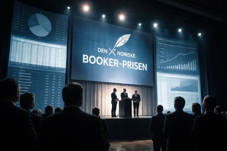 Personer står i en sal med høy takhøyde foran en stor skjerm som viser en prislogo og tekst.