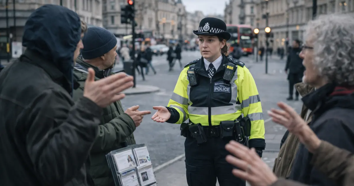 Kvinnelig politibetjent snakker med to grupper på gatehjørne i London under en spent, men rolig situasjon.