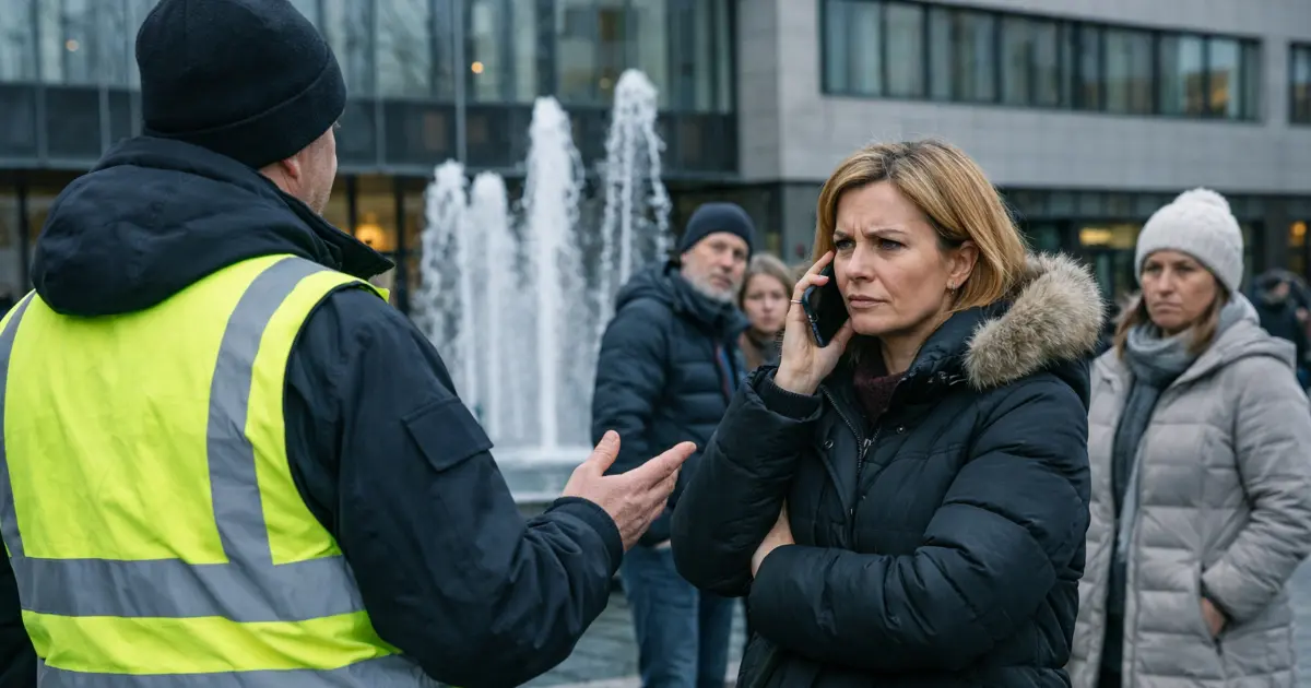 Kommunal ansatt snakker med kvinne i telefonsamtale på torg foran kommunebygg