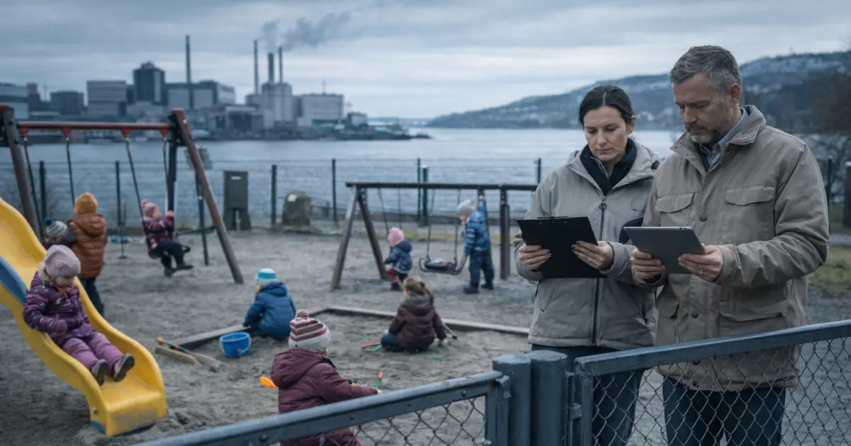 Barn leker i inngjerdet lekeplass mens to voksne registrerer aktivitet med nettbrett ved et industriområde.