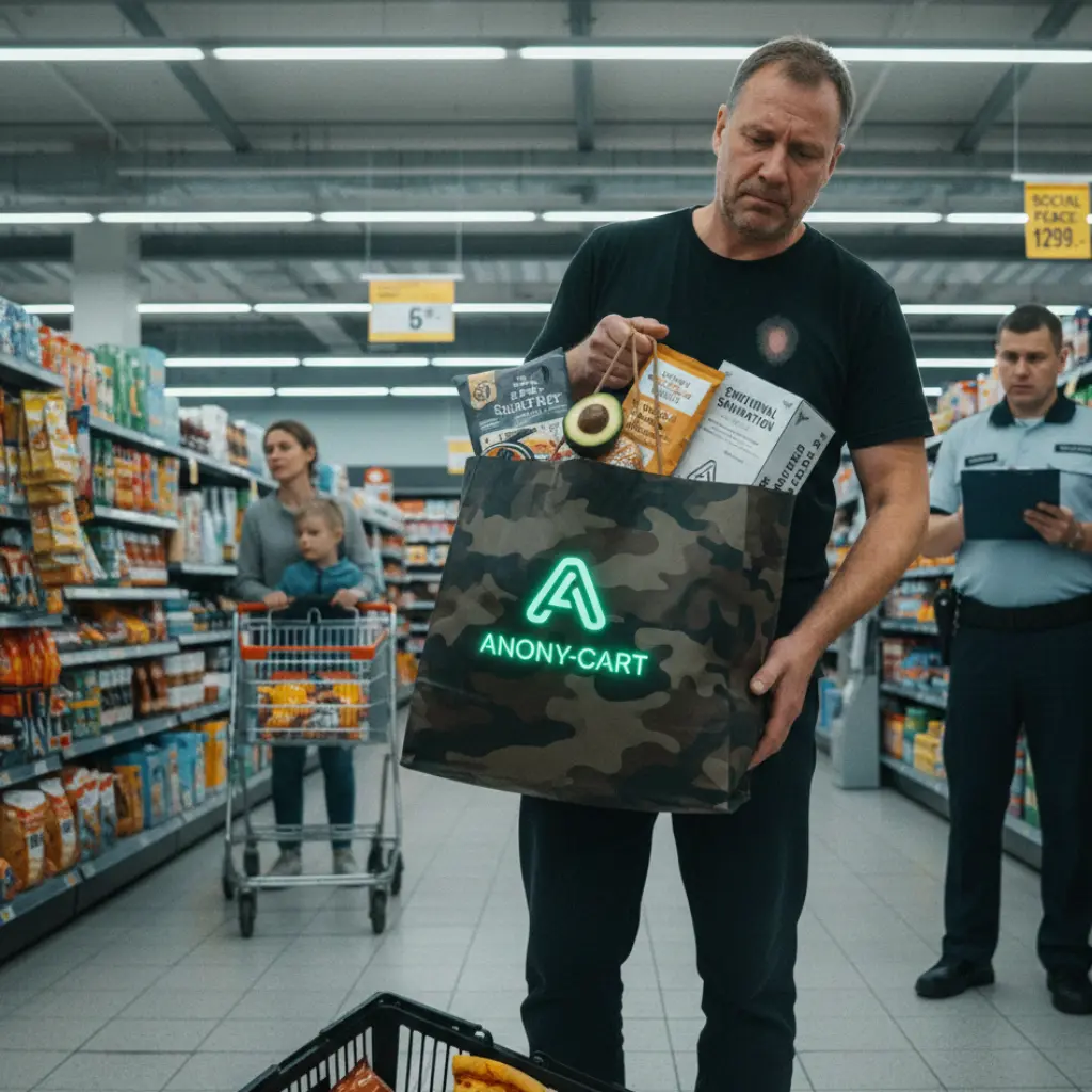 En mann i en dagligvarebutikk holder en kamuflasjemønstret pose med teksten Anony-cart, mens en uniformert tjenestemann noterer på et skjema i bakgrunnen.