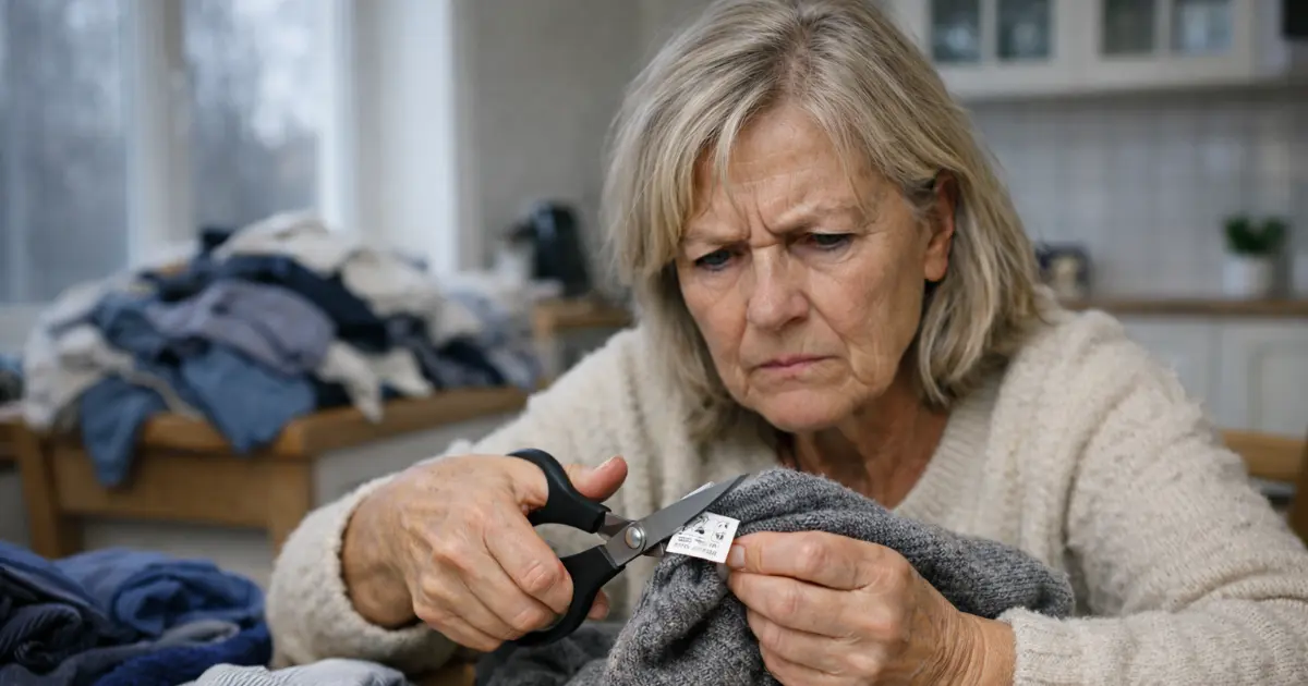 Eldre kvinne klipper merkelapper fra klær ved kjøkkenbord omgitt av kleshaug