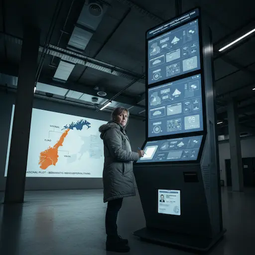 En kvinne står ved en svært høy, mørk digital kiosk i et stort, industrielt rom med betongsøyler. Skjermen viser komplekse diagrammer, og i bakgrunnen projiseres et kart over Norge med pilotkommunene markert.