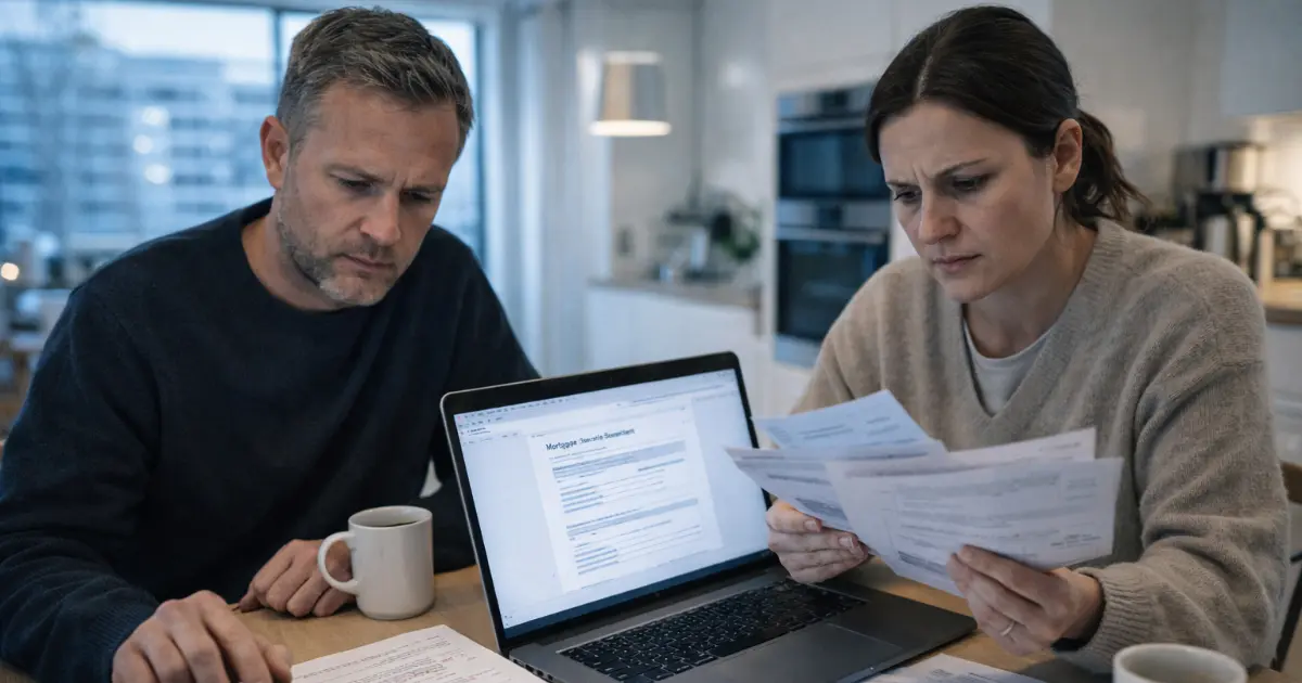 To voksne sitter ved kjøkkenbord med regninger, laptop og kalkulator og går gjennom boliglånsutgifter.