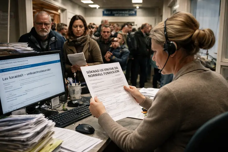Kvinne med headset sitter ved skrivebord og leser et skjema, mens flere personer står i kø bak henne i et offentlig kontor.