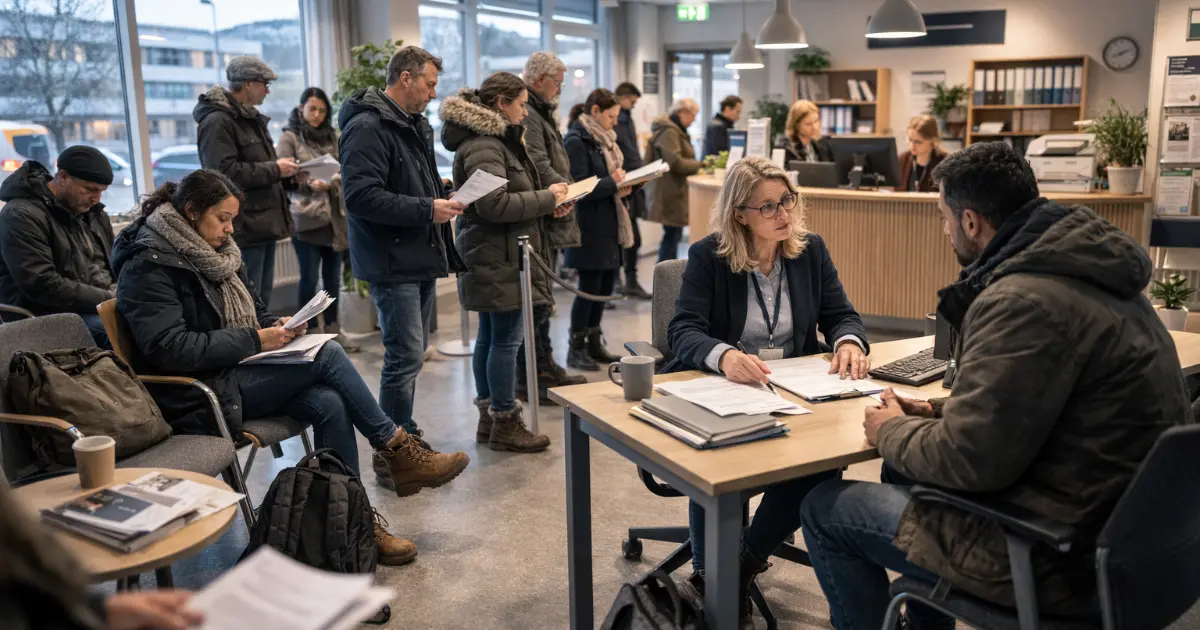 Voksne i vinterklær venter med papirer i kommunalt venterom mens en saksbehandler snakker med en besøkende.