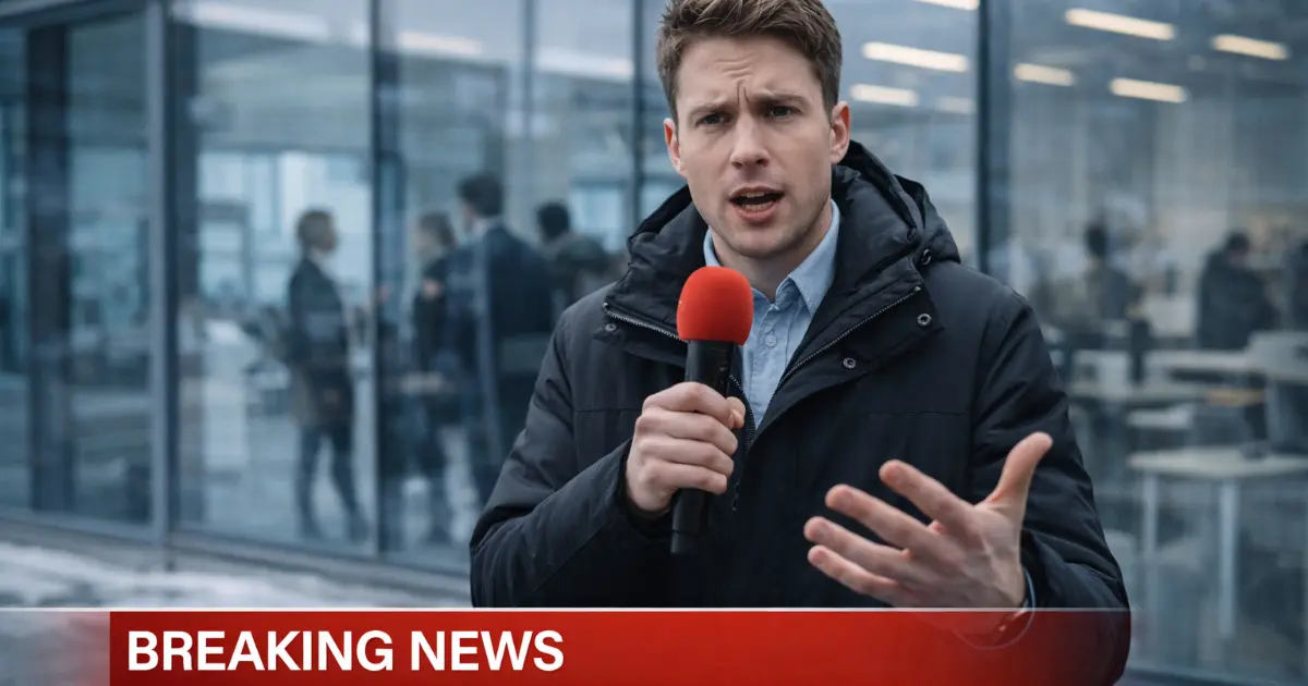 Reporter står utenfor tech-kontor i vintervær med mikrofon, breaking news-banner synlig
