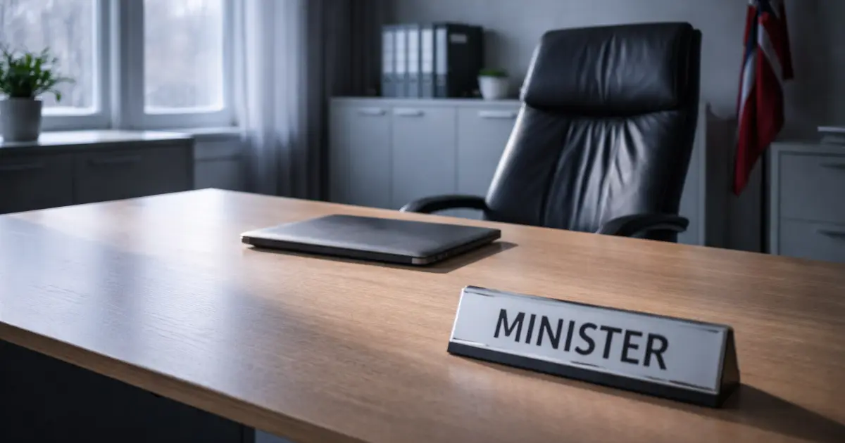 Tomt kontorlandskap i departement, forlatt stol og ryddig pult med lukket laptop