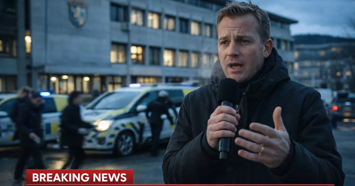 Reporter i vinterjakke står utenfor offentlig bygg i kveldslys med mikrofon og utrykningskjøretøy i bakgrunnen.