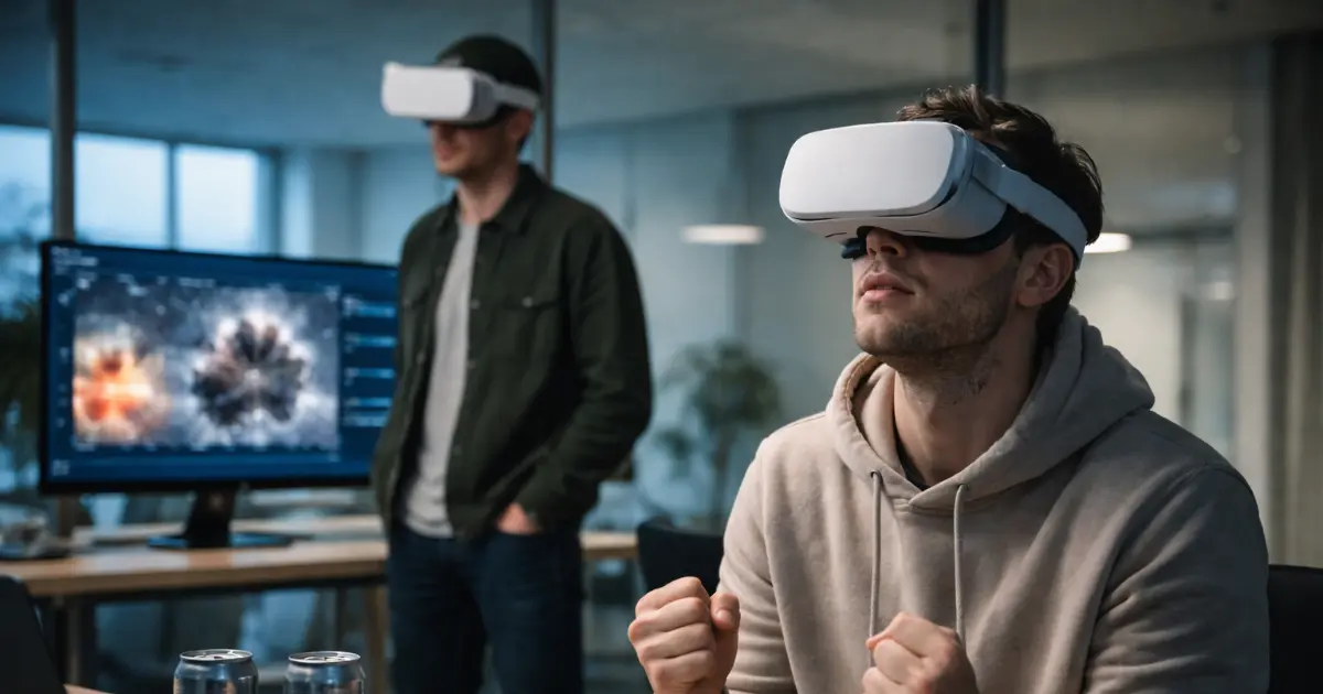 To unge menn tester VR-headset i nordisk kontormiljø mens skjerm viser abstrakte gjørmebilder