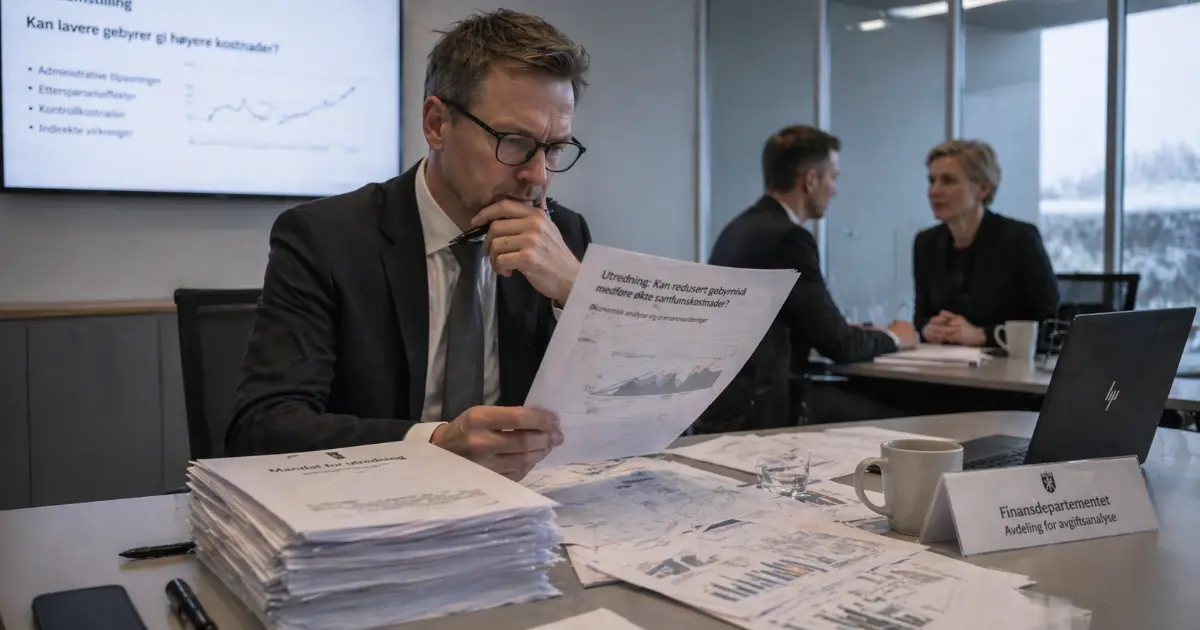 Ansatt i møterom ser på dokumenter og grafer i et norsk kontormiljø